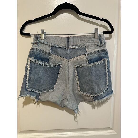 REVICE Denim Shorts Ziggy Patchwork Two Toned High Waisted Raw Hem Sz 27 - Picture 2 of 4